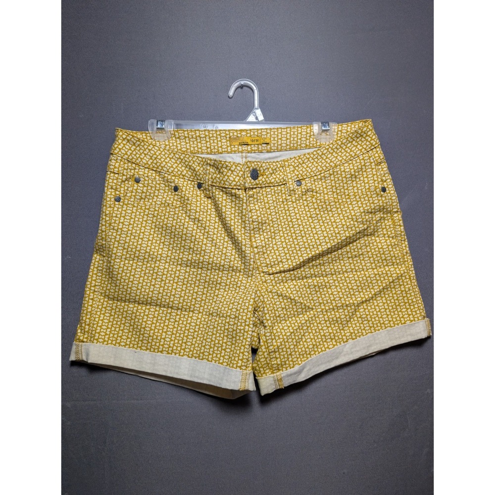 Prana Shorts Womens 10/30 Mustard Yellow Geometric Denim 5 Pockets Cuffed Hem